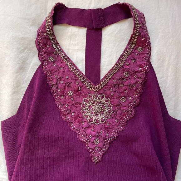 Purple Bead-Embellished Knit Halter Top - Picture 2 of 7